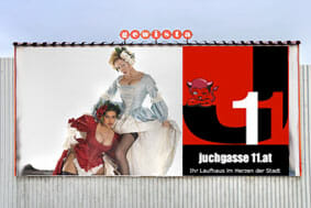 Werbeplakat Juchgasse 11 - Screenshots: Gewista/Juchgasse 11; Fotomontage: K. Atefie Frivoles Wien - Plakatwerbung für ein Laufhaus in Österreichs Hauptstadt