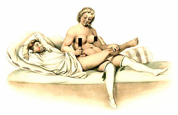 Historische Darstellung einer erotischen Handmassage; Aquarell um 1840 von Johann Nepomuk Geiger Erotische Handarbeit damals ...